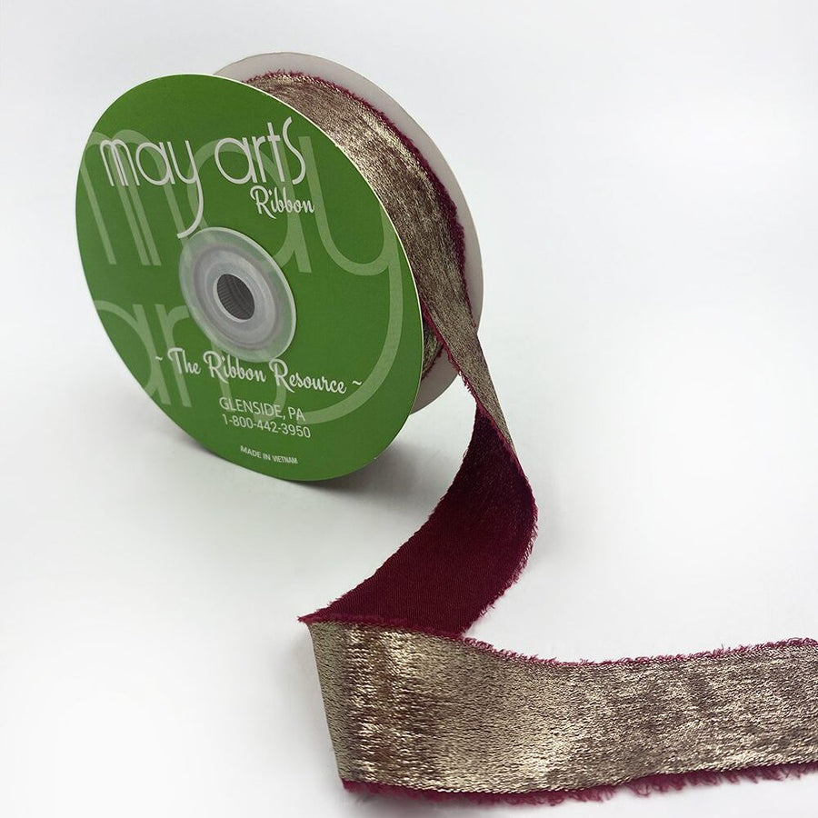 1″ Metallic Gold Ribbon with Frayed Edge – 772-1-25 BURGUNDY
