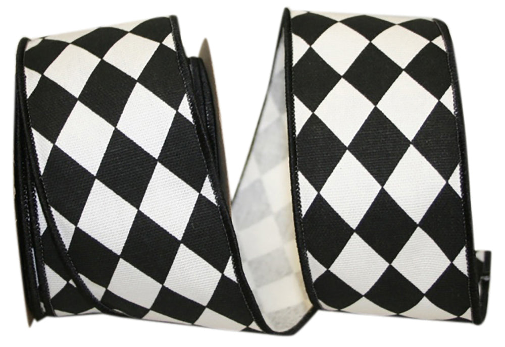 Black White 2-1 2 Inch Diamond Classic Wired Edge Ribbon for Wreaths & Bows