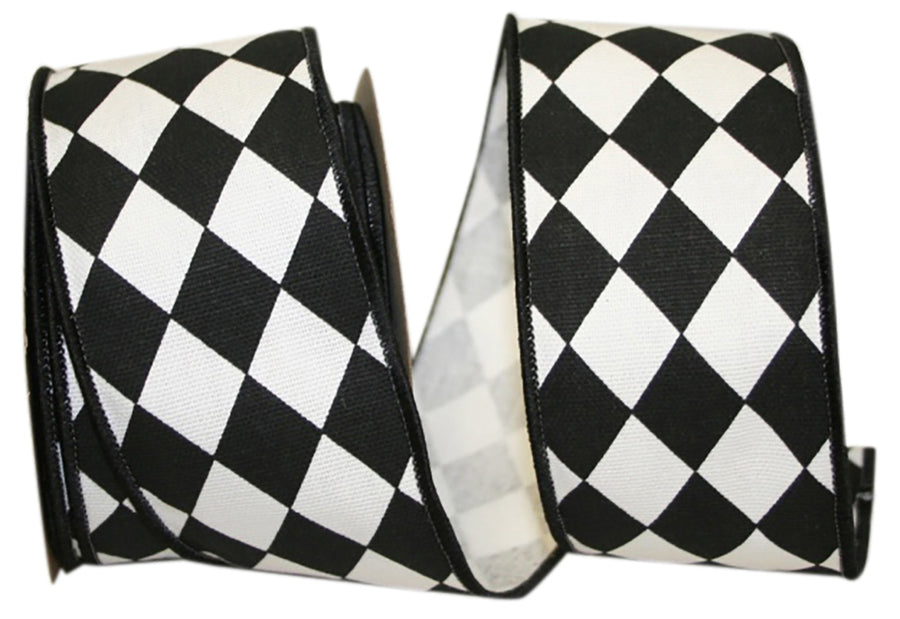 Black White 2-1 2 Inch Diamond Classic Wired Edge Ribbon for Wreaths & Bows