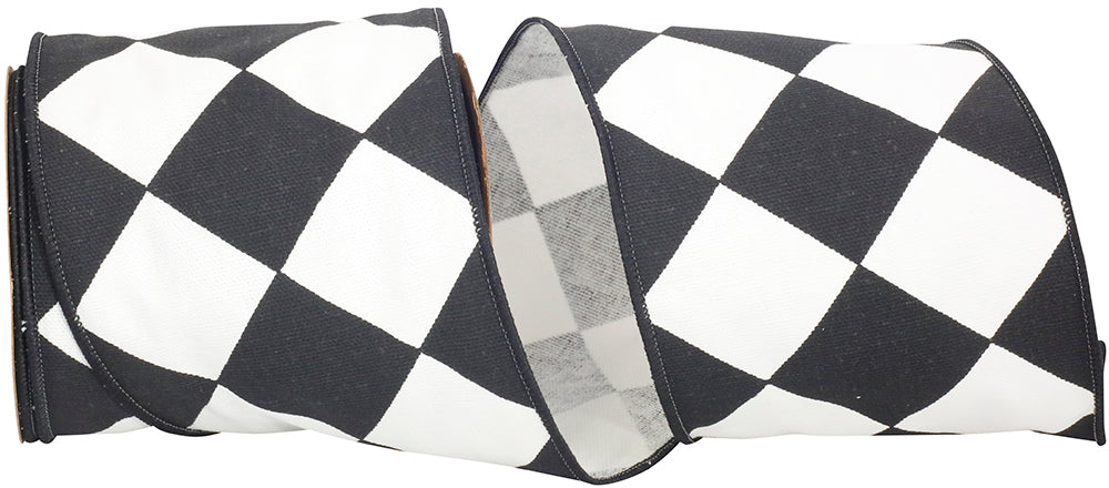 Black White 4 Inch Diamond Grand Wired Edge Ribbon for Wreaths & Bows