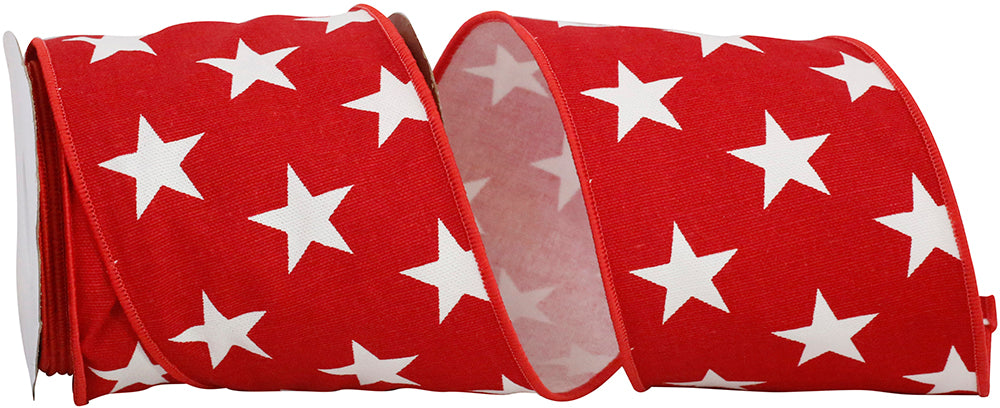 Red Canvas Wired Edge Ribbon 4 Inch Stars Large