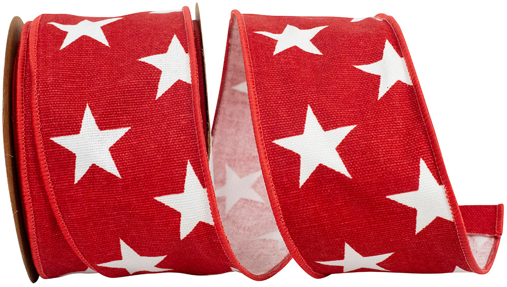 Red Canvas Wired Edge Ribbon 2-1/2 Inch Stars Large