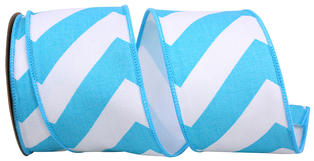 Blue 2-1 2 Inch Chevron Cotton Wired Edge Ribbon for Wreaths & Bows