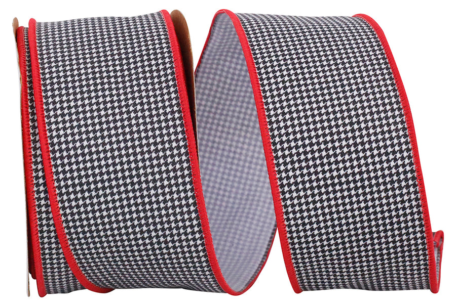 Houndstooth Check Canvas Ribbon Black Red 2-1/2 Inch