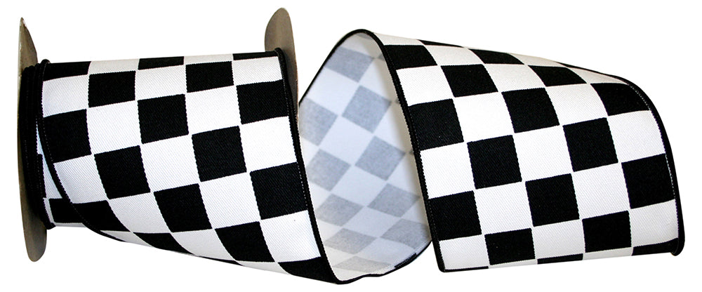 Black White 4 Inch Jumbo Raceway Check Wired Edge Ribbon for Wreaths & Bows