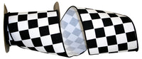 Black White 4 Inch Jumbo Raceway Check Wired Edge Ribbon for Wreaths & Bows