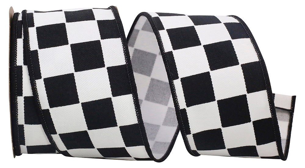 Black White 2-1 2 Inch Jumbo Raceway Check Wired Edge Ribbon for Wreaths & Bows