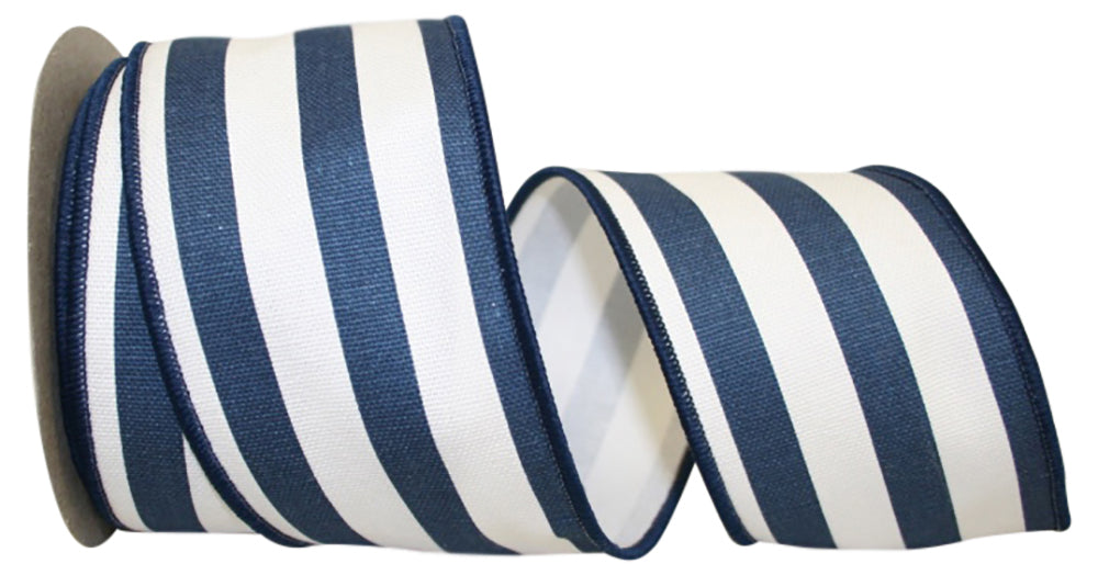 Navy 2-1 2 Inch Cabana Stripe Twill Wired Edge Ribbon for Wreaths & Bows