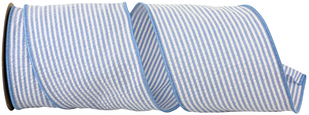 Blue 4 Inch Seersucker Stripe Wired Edge Ribbon for Wreaths & Bows