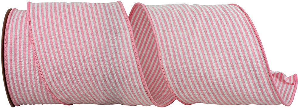 Pink 4 Inch Seersucker Stripe Wired Edge Ribbon for Wreaths & Bows