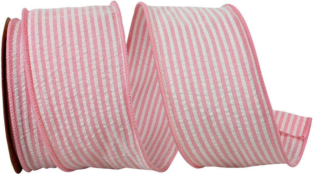 Pink 2-1 2 Inch Seersucker Stripe Wired Edge Ribbon for Wreaths & Bows