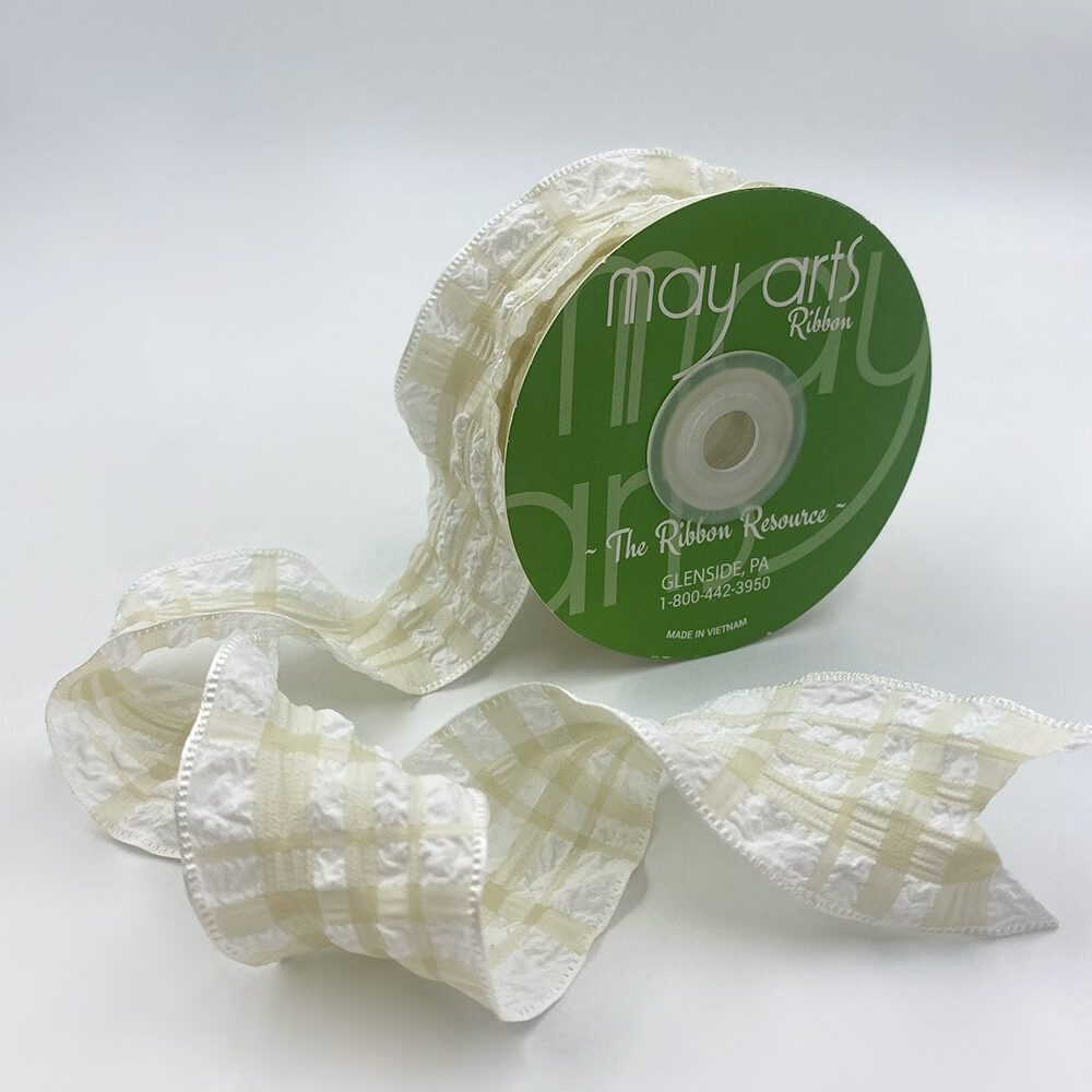 Ruffled Seersucker Tartan Plaid Ribbon with Woven Edge – 774-15-09 IVORY
