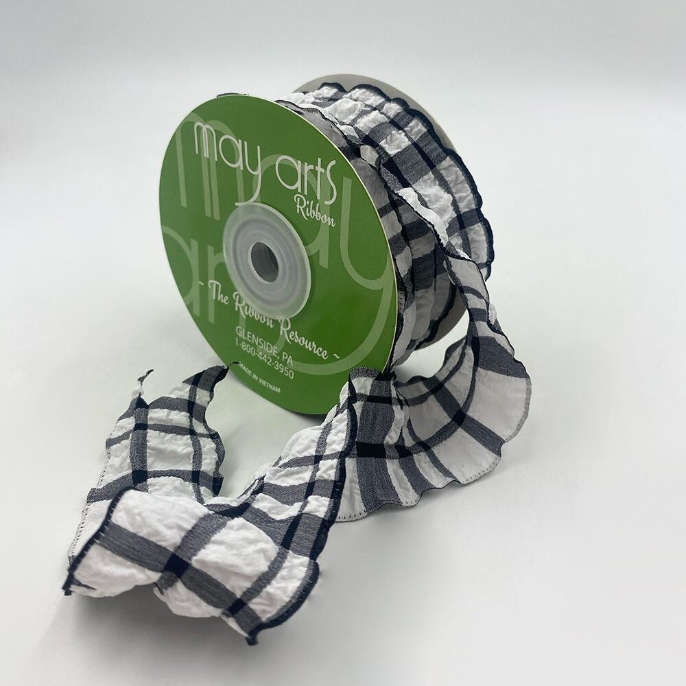 Ruffled Seersucker Tartan Plaid Ribbon with Woven Edge – 774-15-10 BLACK