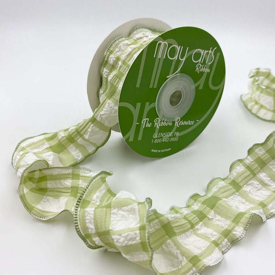 Ruffled Seersucker Tartan Plaid Ribbon with Woven Edge – 774-15-16 GREEN