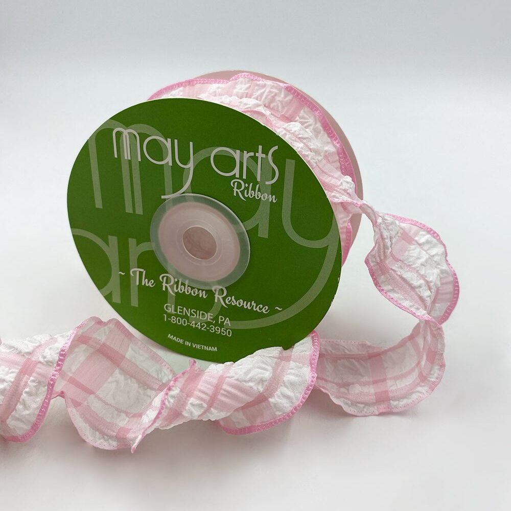 Ruffled Seersucker Tartan Plaid Ribbon with Woven Edge – 774-15-17 PINK