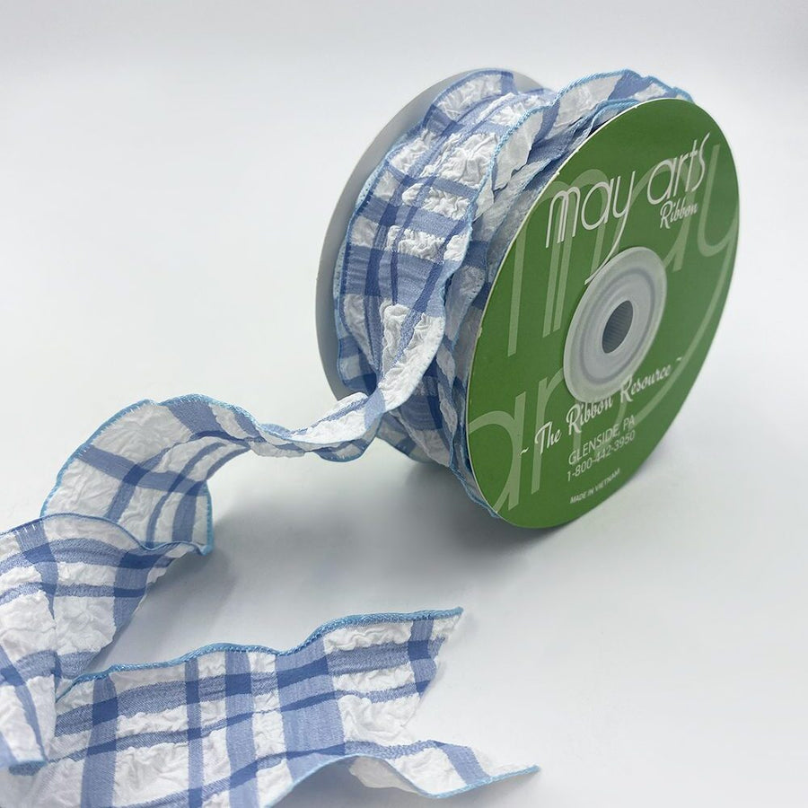 Ruffled Seersucker Tartan Plaid Ribbon with Woven Edge – 774-15-34 BLUE