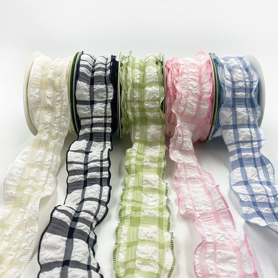 Ruffled Seersucker Tartan Plaid Ribbon with Woven Edge