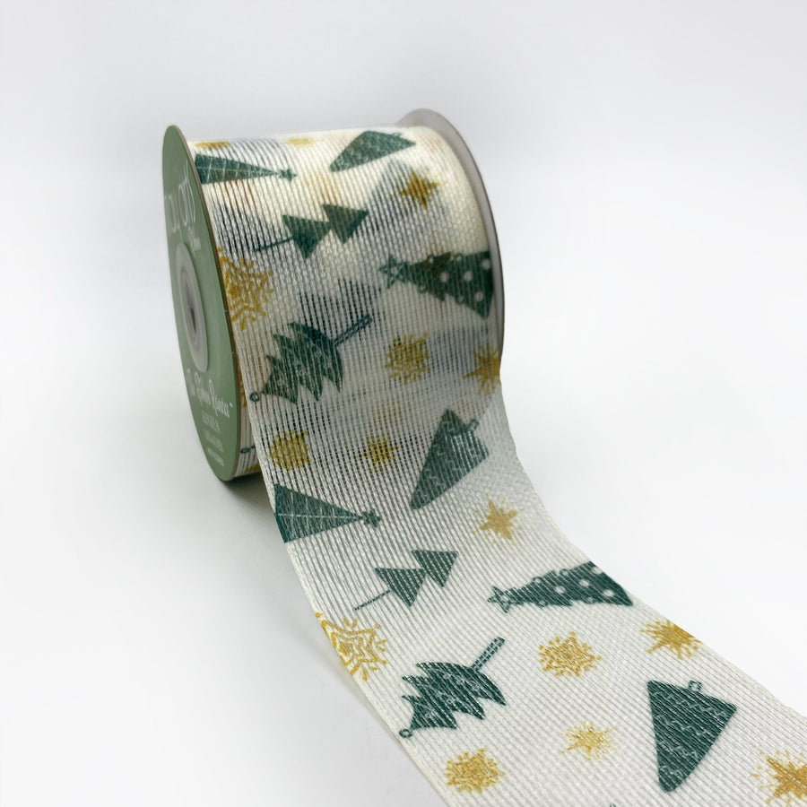 2 3/4 Inch Semi Sheer Holiday Tree Star Ribbon with Woven Edge – 776-3-15 GREEN/GOLD