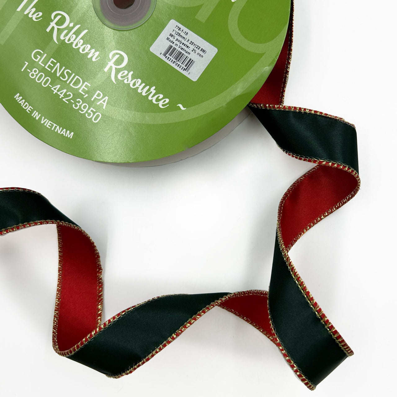 1 Inch Reversible Metallic Ribbon with Wired Edge – 778-1-15 GREEN/RED