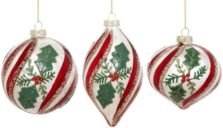 Holly Stripe Ornament, Box of 6- 4-5 Inches
