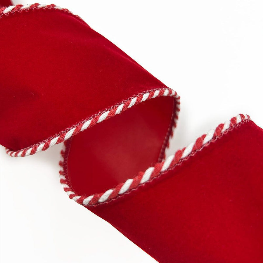 2.5 Inch Red Velvet Ribbon with Glitter and Red/White Ticking Wired Edge – 780-25-14 RED VELVET RIBBON WITH GLITTER AND RED/WHITE TICKING