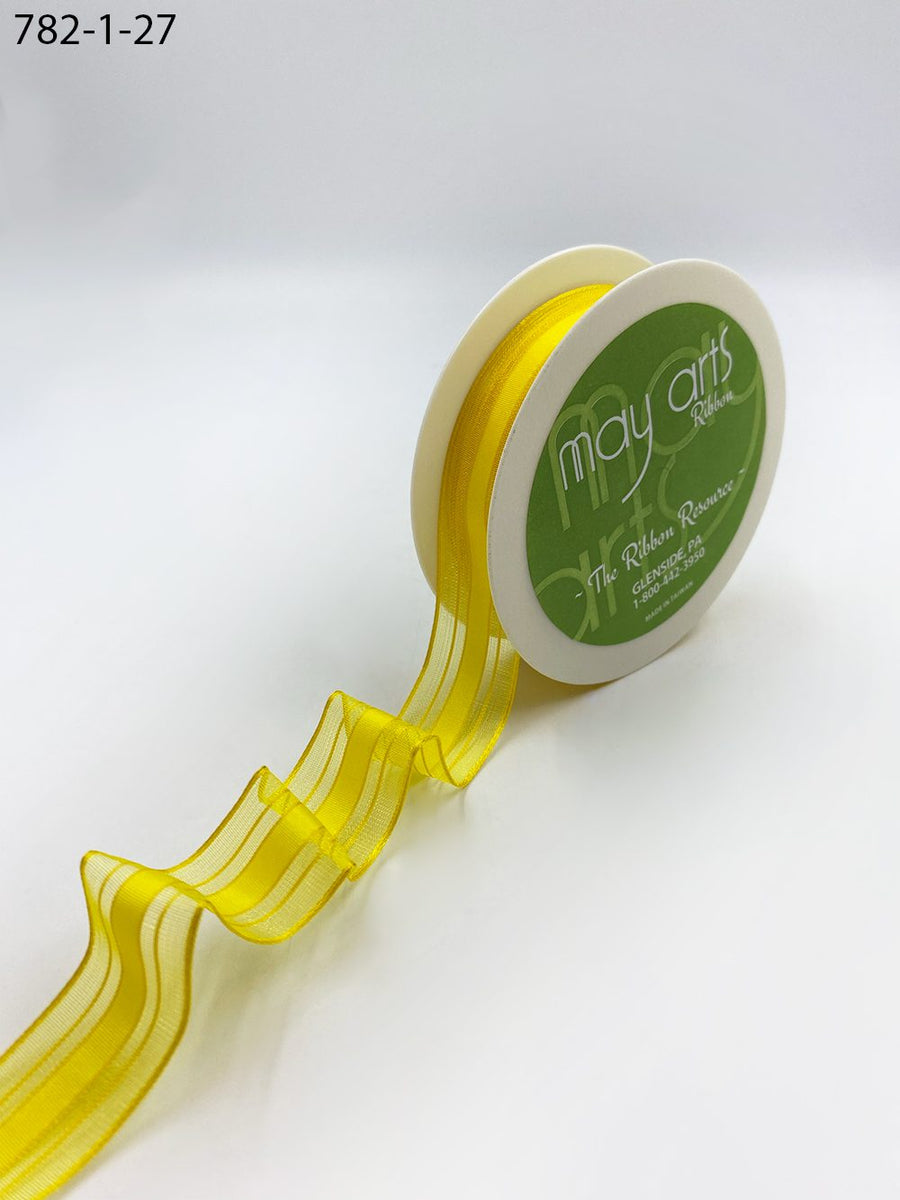 1″ Woven Sheer Ribbon with Tone on Tone Stripes – 782-1-27 YELLOW