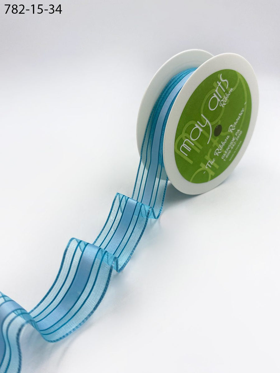 1″ Woven Sheer Ribbon with Tone on Tone Stripes – 782-1-34 BLUE
