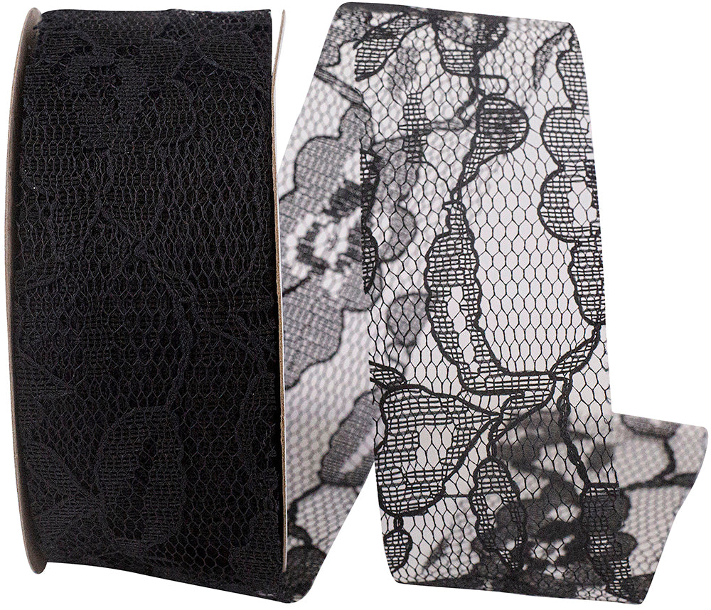 Black Charlene Lace Ribbon 1-3/8 Inch for Wreaths