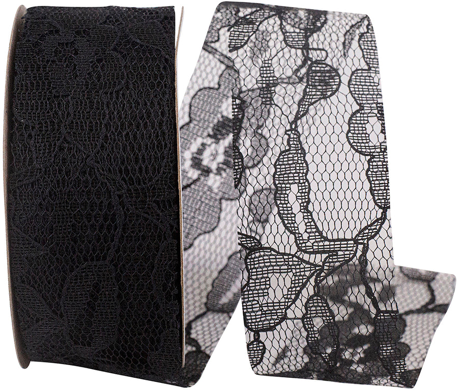 Black Charlene Lace Ribbon 1-3/8 Inch for Wreaths