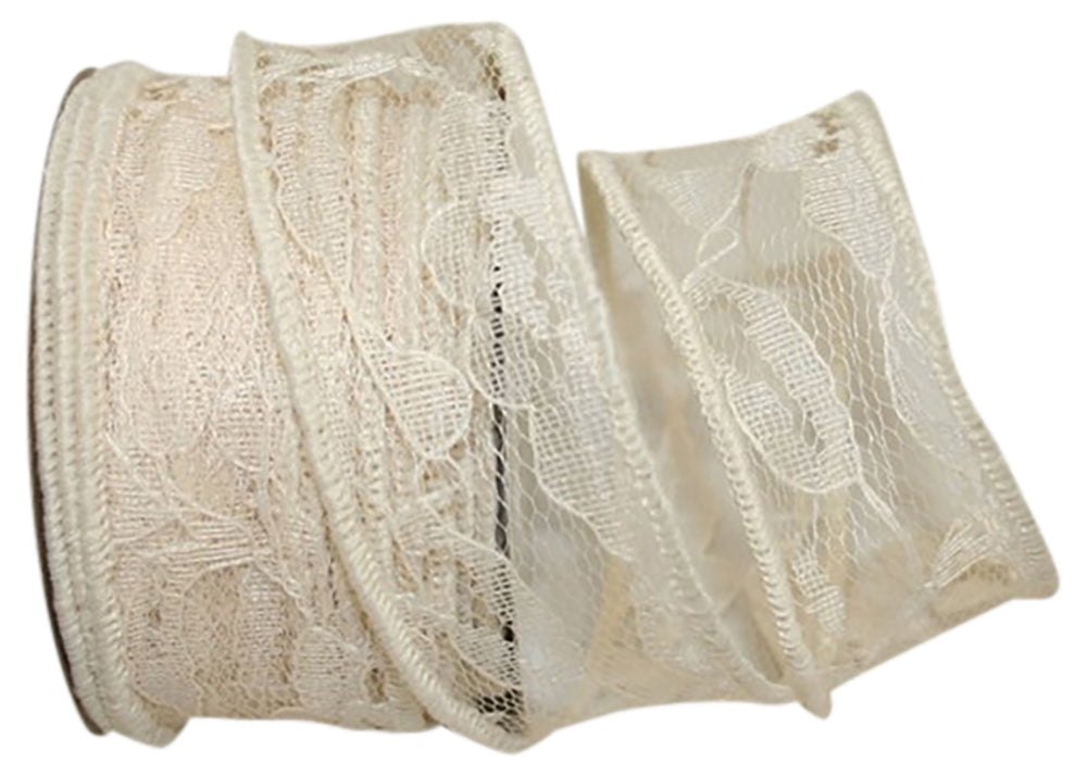 Ivory Lace Wired Edge Ribbon 1-3/8 Inch for Wreaths