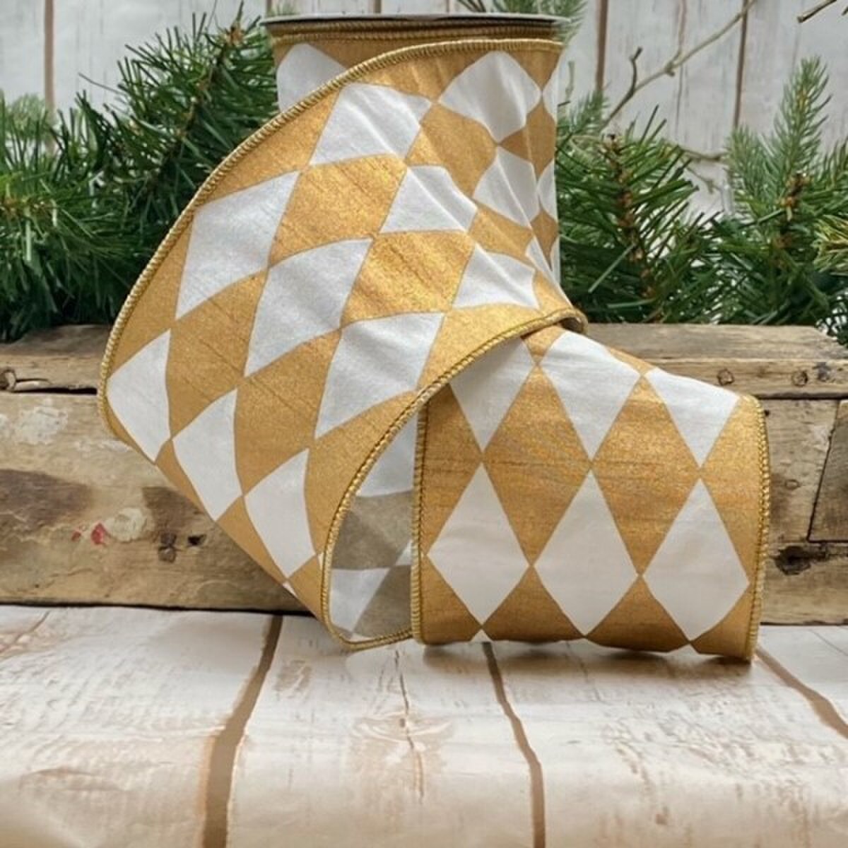 Harlequin Faux Dupion Ribbon White Gold 4 Inch x 10 Yards