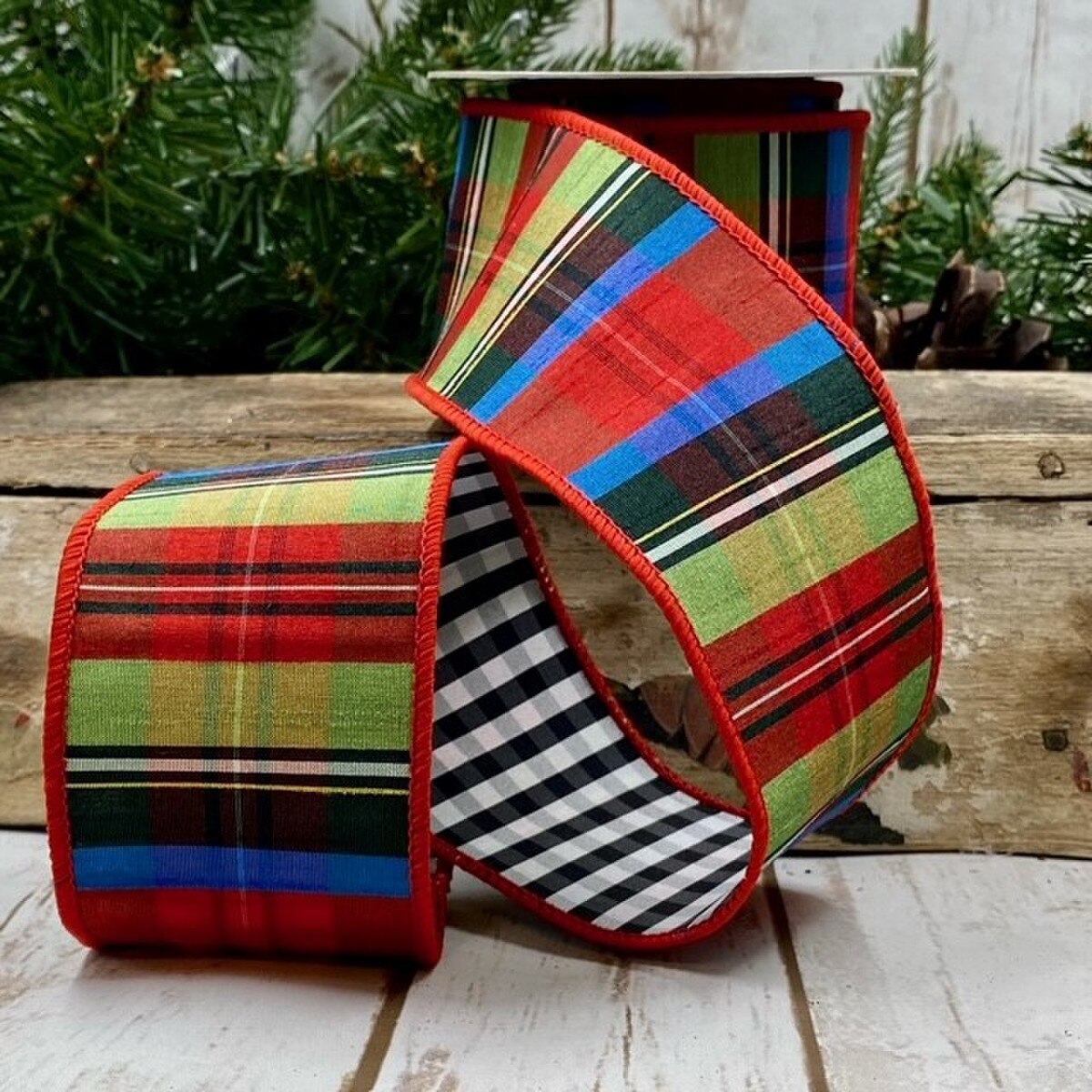 Taffeta Ribbon Royal Blue Red Green Plaid Check 2.5" x 10 Yds