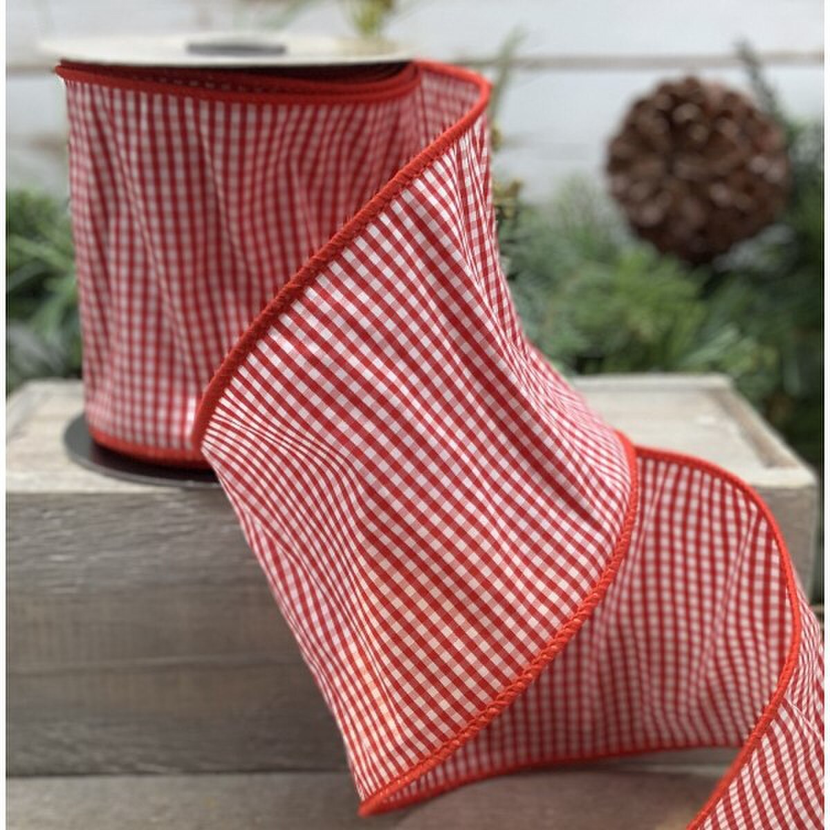 Red-White Taffeta Mini Checks Ribbon 4 Inch x 10 Yds