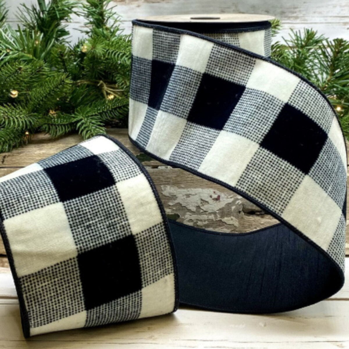 Buffalo Check Velvet Ribbon Black White 4 Inch x 10 Yards