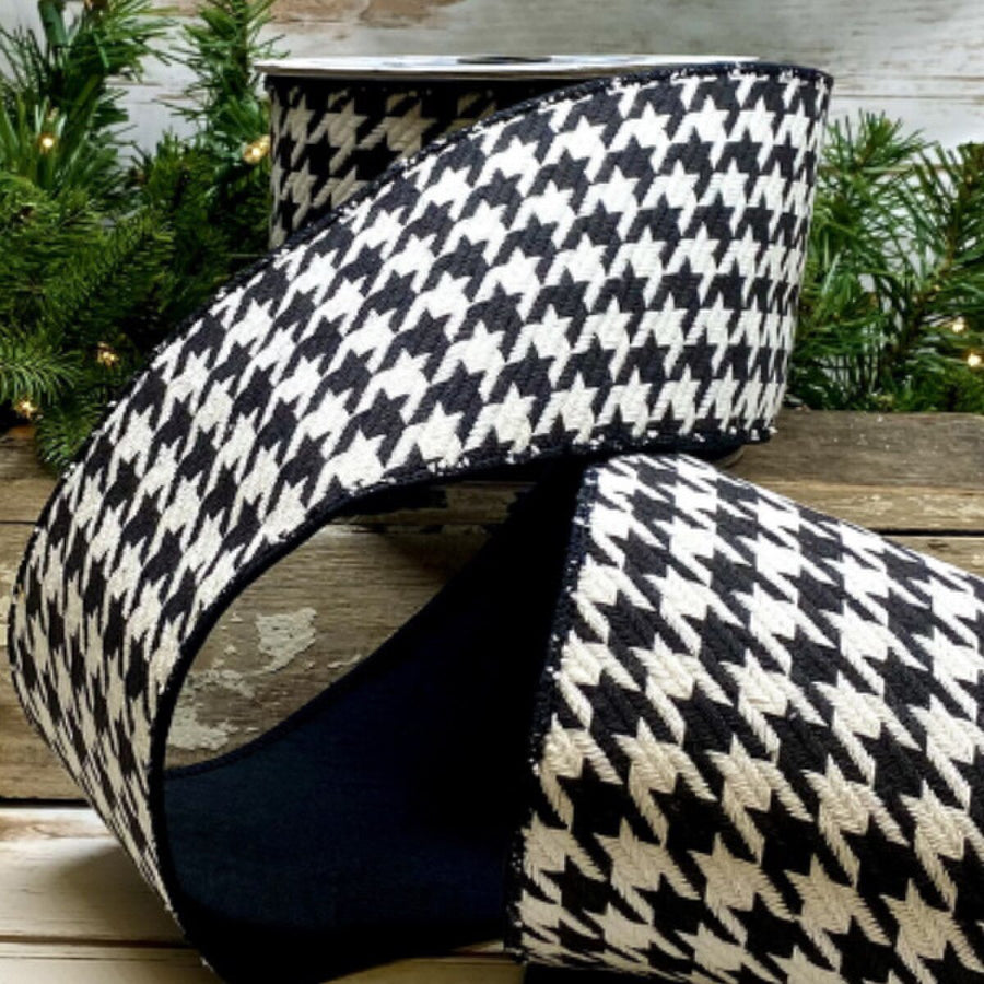 Houndstooth Cotton Ribbon Black White 4 Inch x 10 Yards