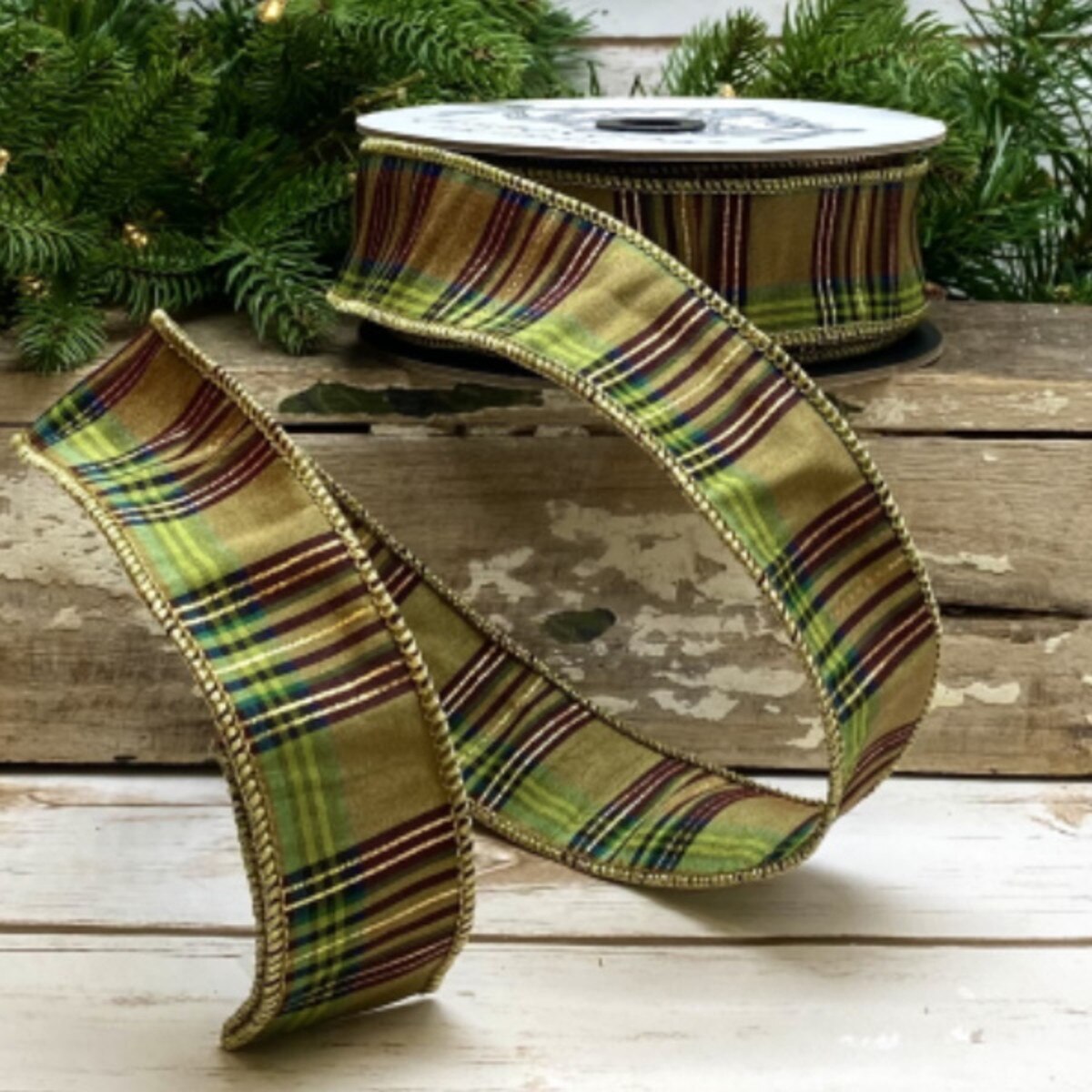 Plaid Green Gold Metallic Dupion Ribbon 1.5 Inch 25 Yards