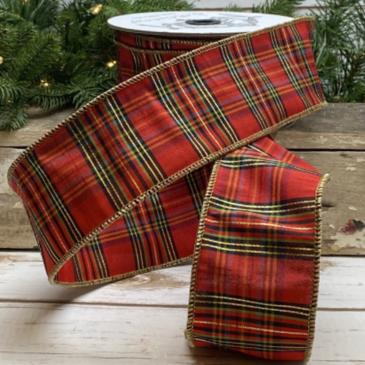 Metallic Plaid Ribbon Green Black Red 2.5 Inch x 25 Yds