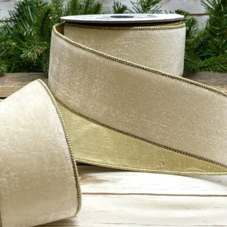 Gold Metallic Back White Ribbon Luxe Velvet 2.5" x 10 Yds