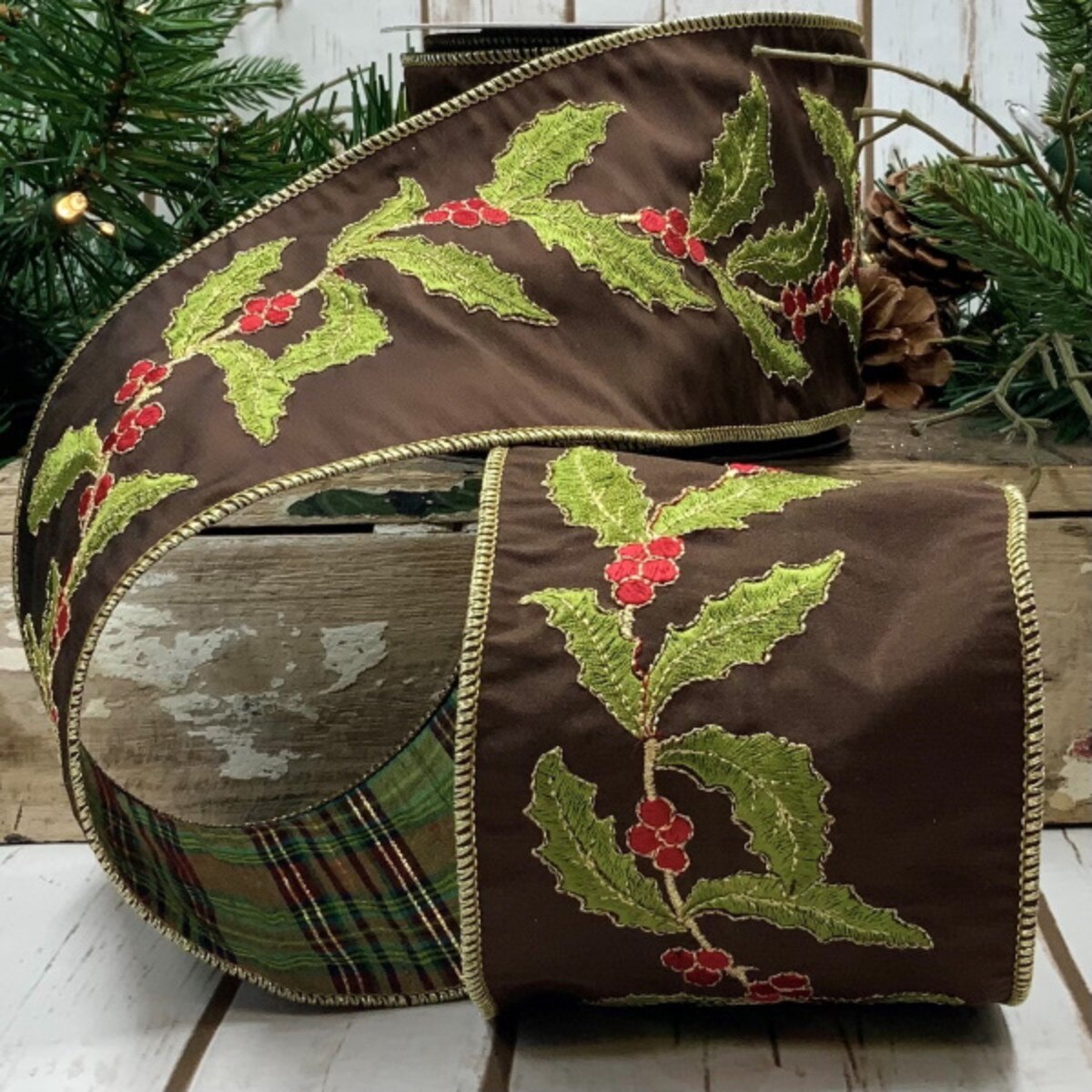 Dupion Ribbon Brown Plaid with Holly Embroidery 4" x 10 Yds
