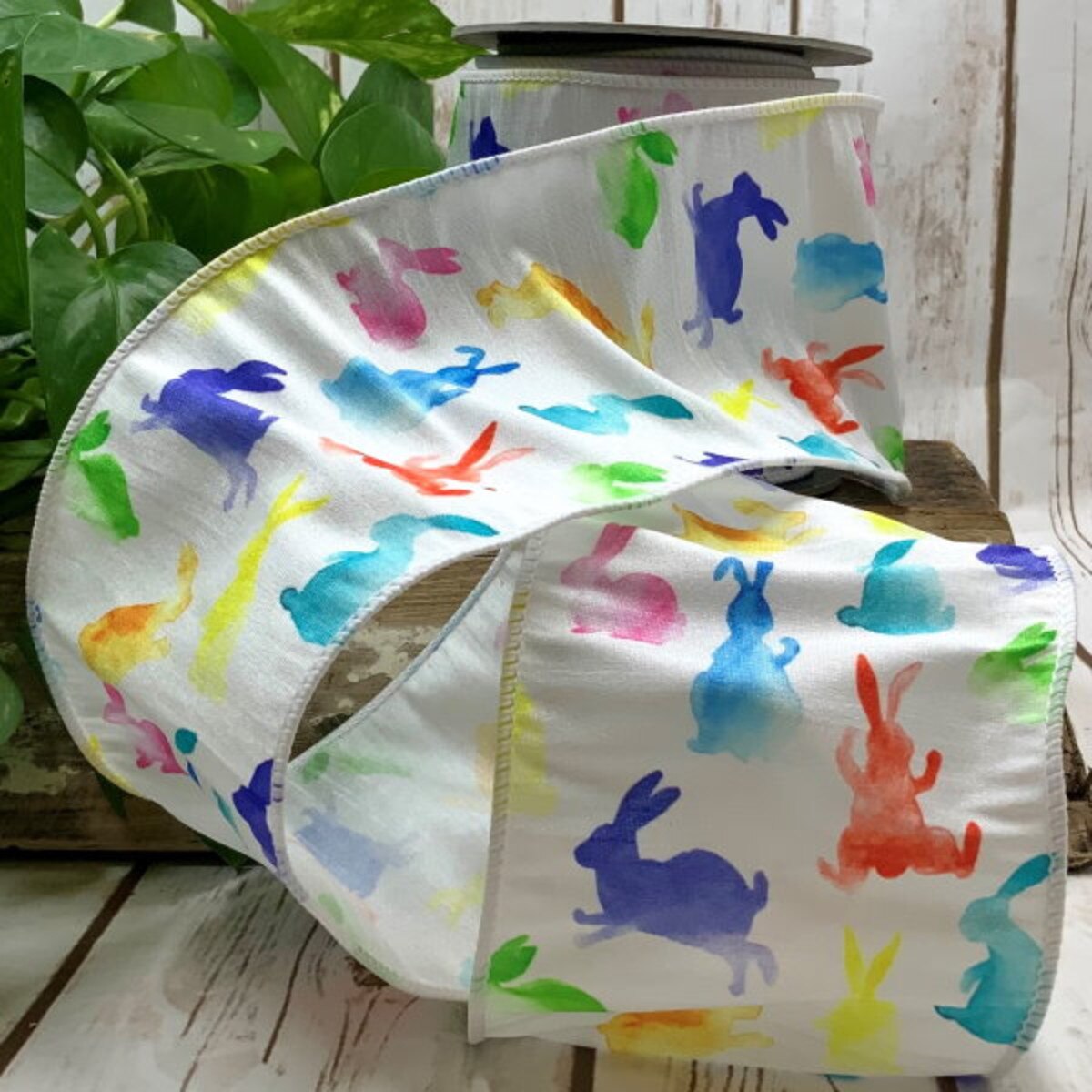 Watercolor Rabbit White Dupion Ribbon 4 Inch x 10 Yards