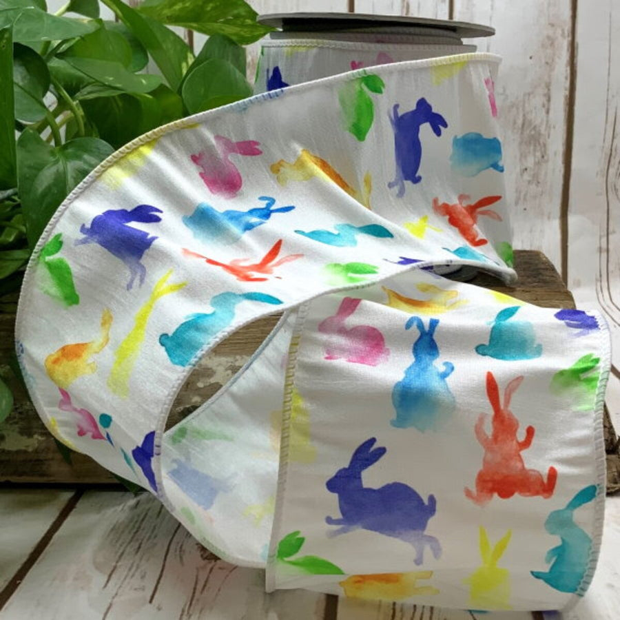 Watercolor Rabbit White Dupion Ribbon 4 Inch x 10 Yards