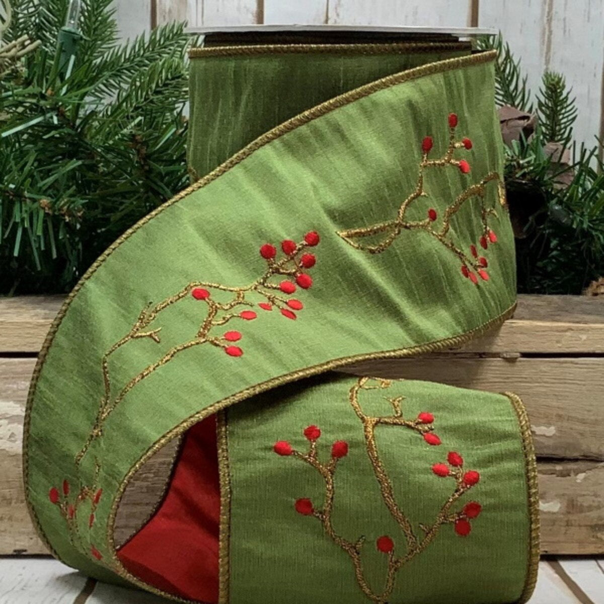 Tallow Berry Green Dupion Embroider Ribbon 4" x 5 Yds