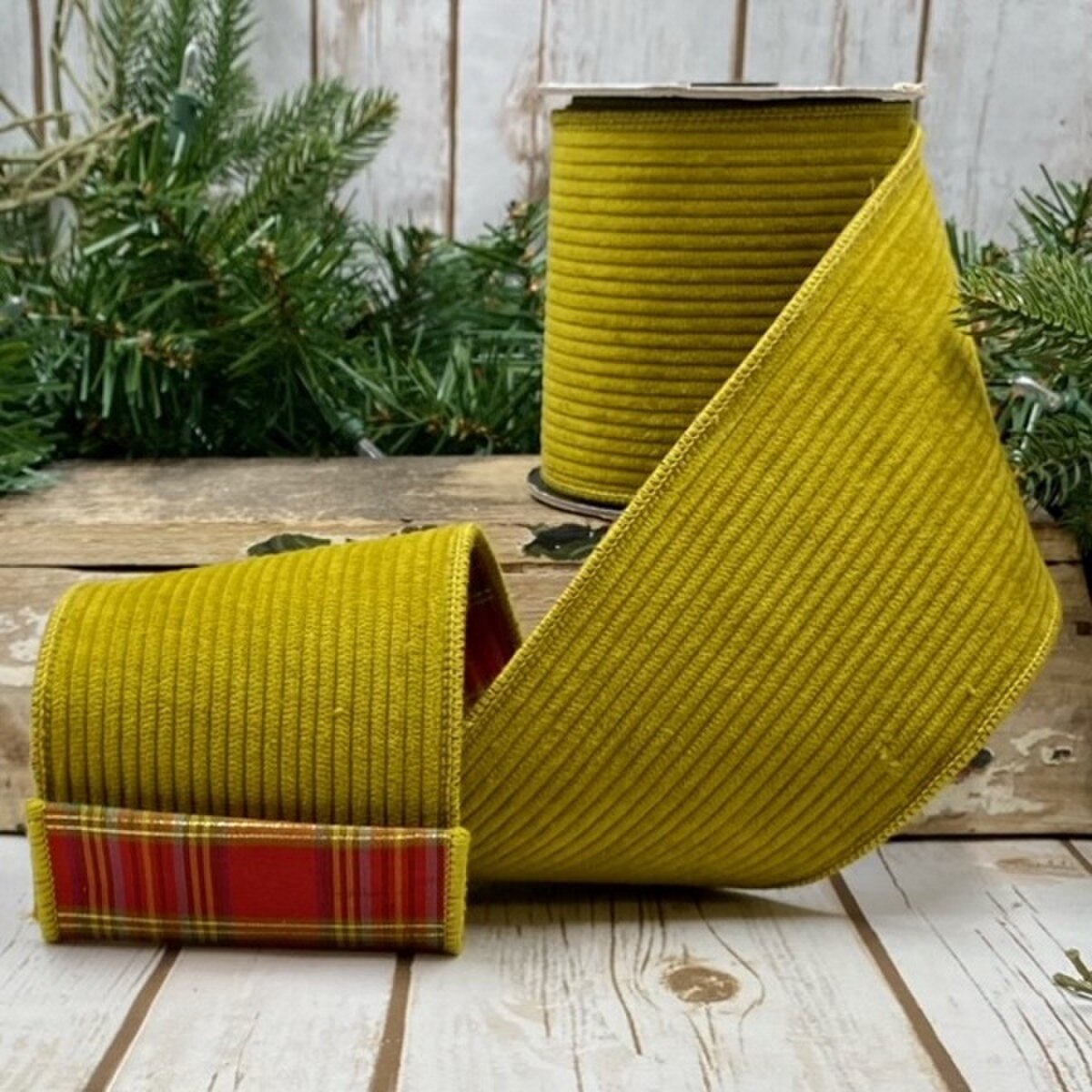 Olive Green Corduroy Plaid Ribbon 4 Inch x 5 Yards
