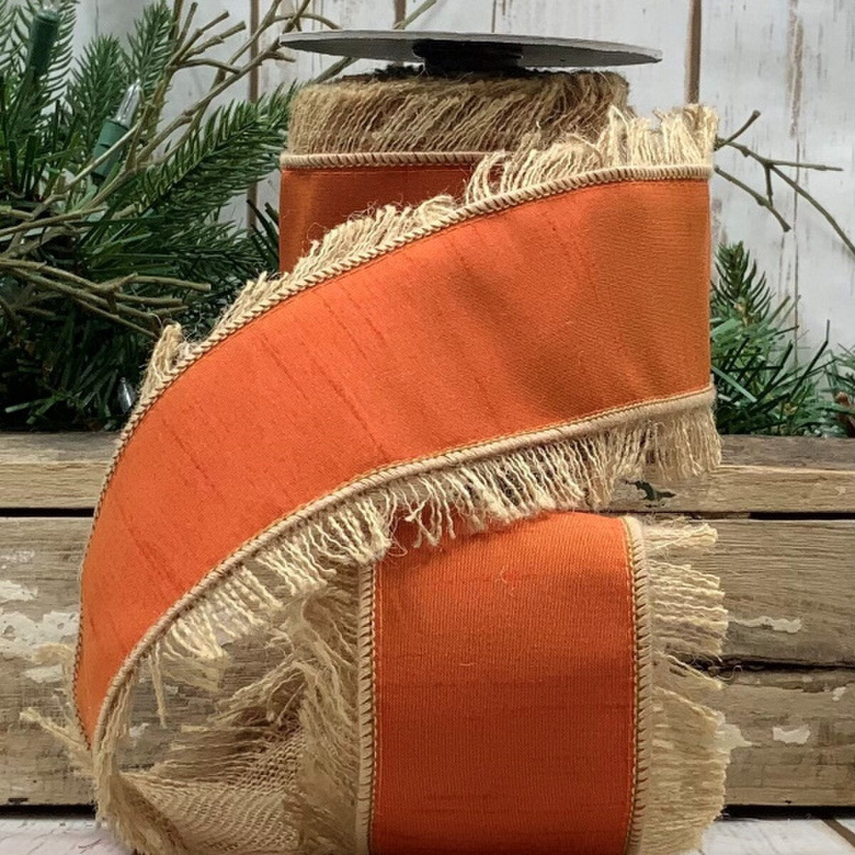 Pumpkin Ribbon Dupion Jute Edge 4 Inch x 5 Yards