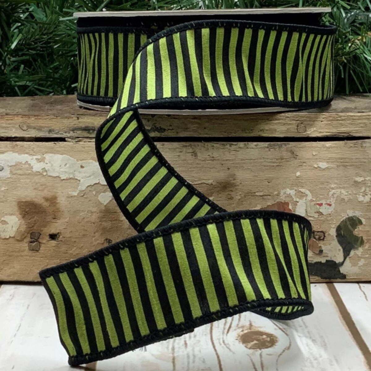 Green Dupion Halloween Witch's Stripes Ribbon 1.5" x 25 Yds