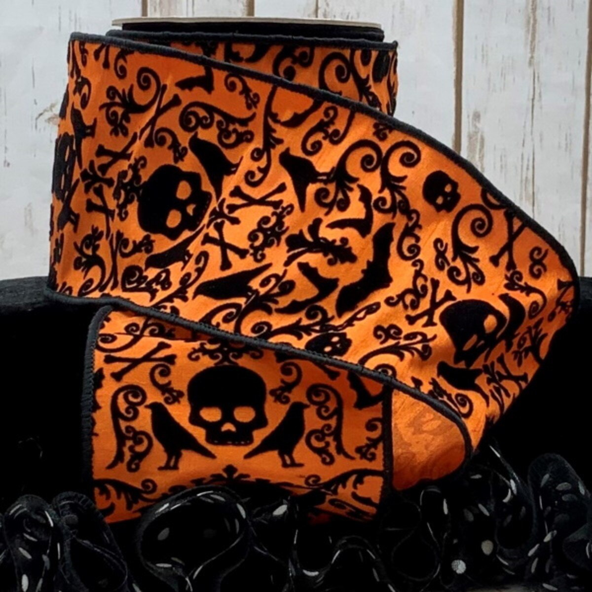 Halloween Orange Dupion Flocked Ribbon 4 Inch x 10 Yds
