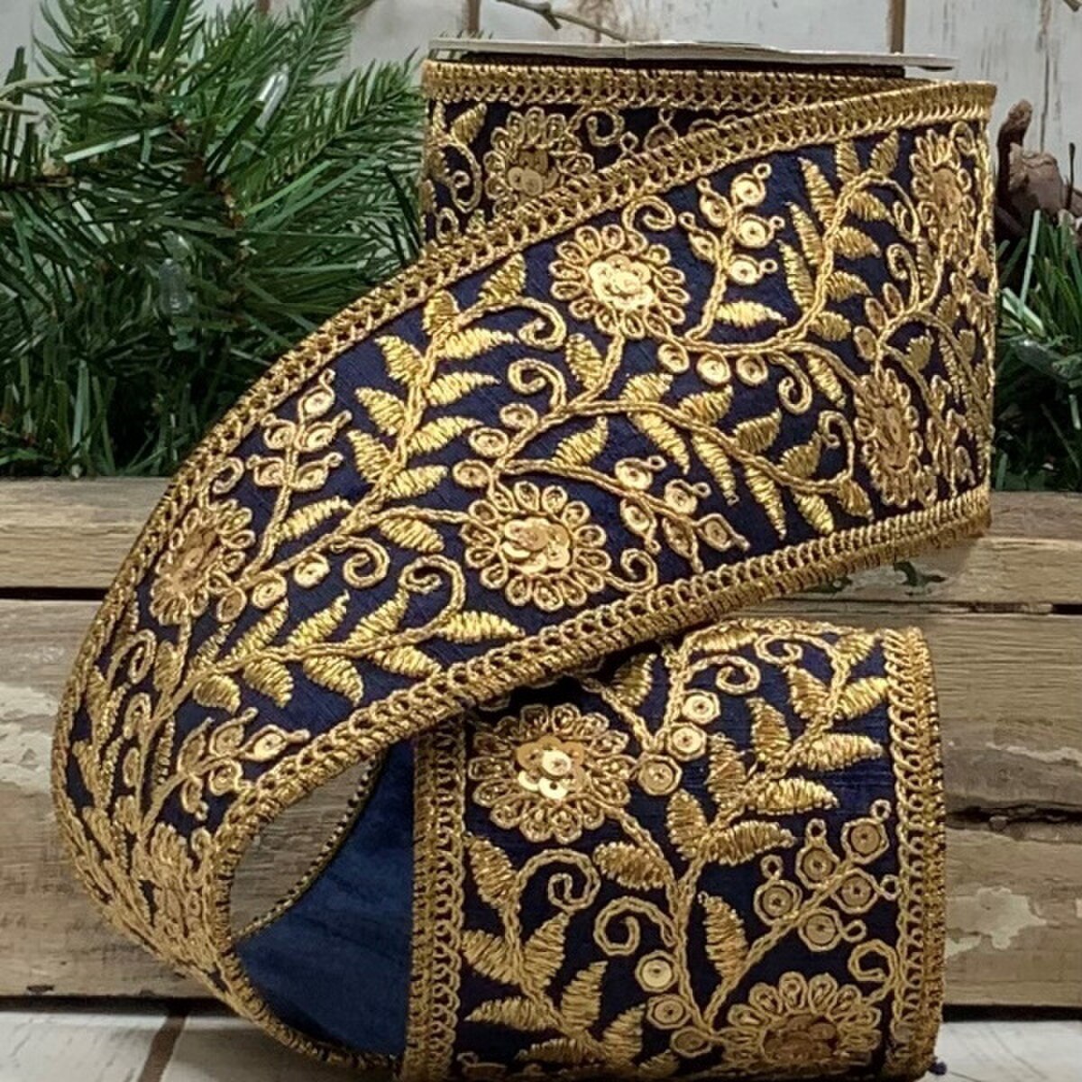 Navy Dupion Floral Garden Trim Ribbon 3 Inch x 5 Yards