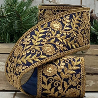 Navy Dupion Floral Garden Trim Ribbon 3 Inch X 5 Yards
