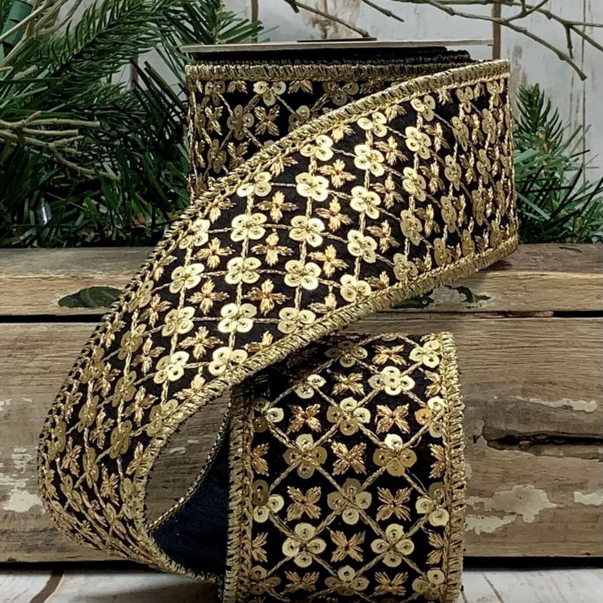 Black Metallic Dupion Sequin Trim Ribbon 2.5" x 5 Yds