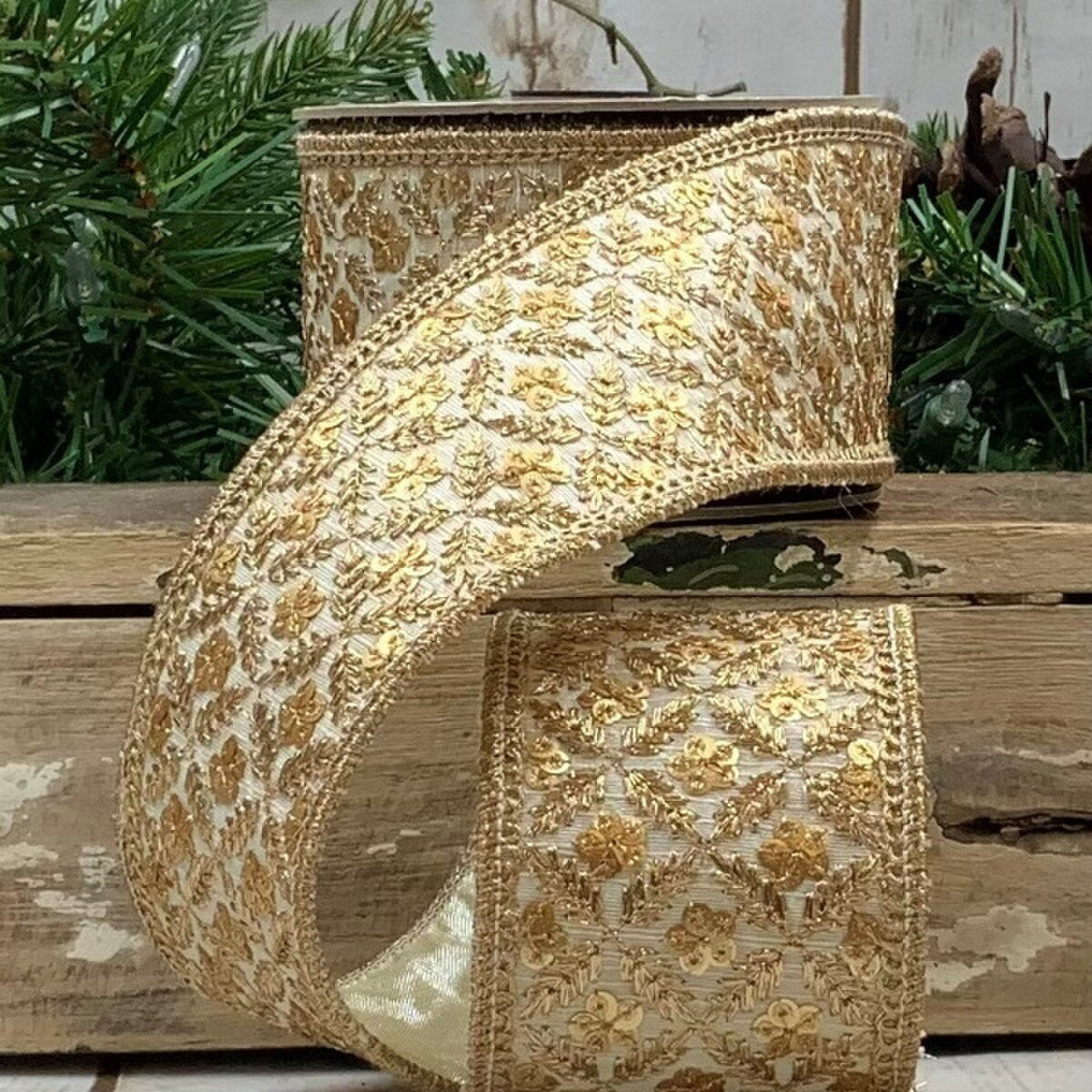 Ivory Metallic Dupion Sequin Side Trim Ribbon 2.5" x 5 Yds